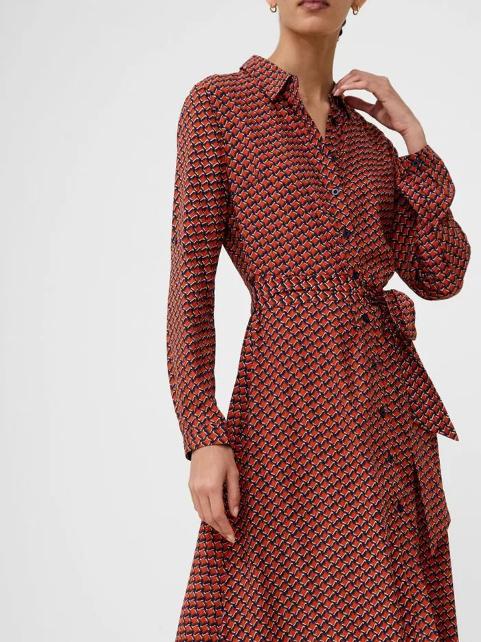 French Connection Abstract Belted Midi Shirt Dress Orange Women Dresses