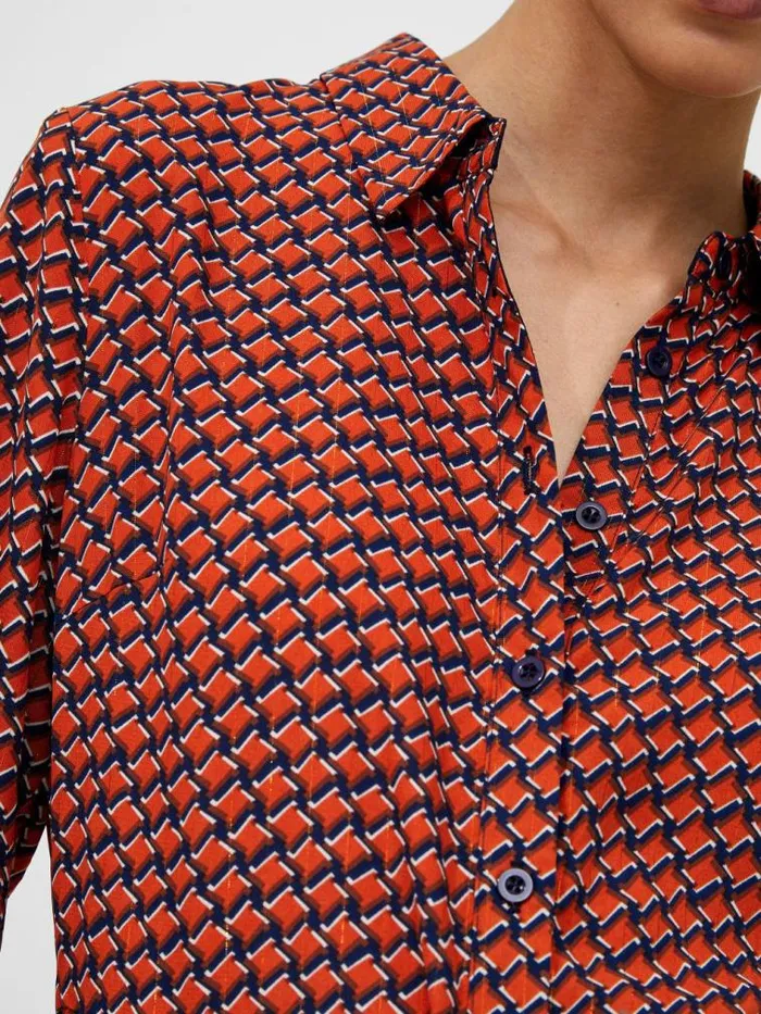 French Connection Abstract Belted Midi Shirt Dress Orange Women Dresses