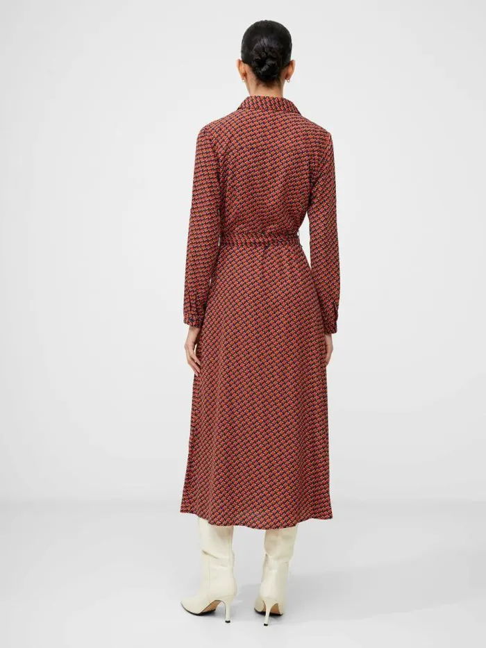 French Connection Abstract Belted Midi Shirt Dress Orange Women Dresses