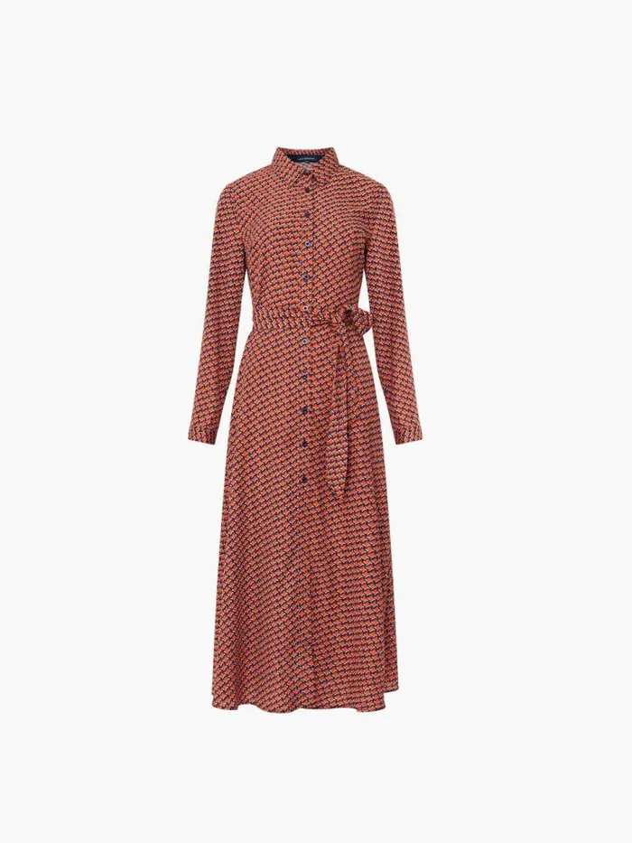 French Connection Abstract Belted Midi Shirt Dress Orange Women Dresses