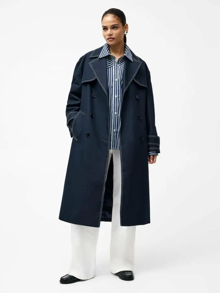 French Connection Afton Contrast Stitch Belted Trench Coat Navy Women Coats and Jackets