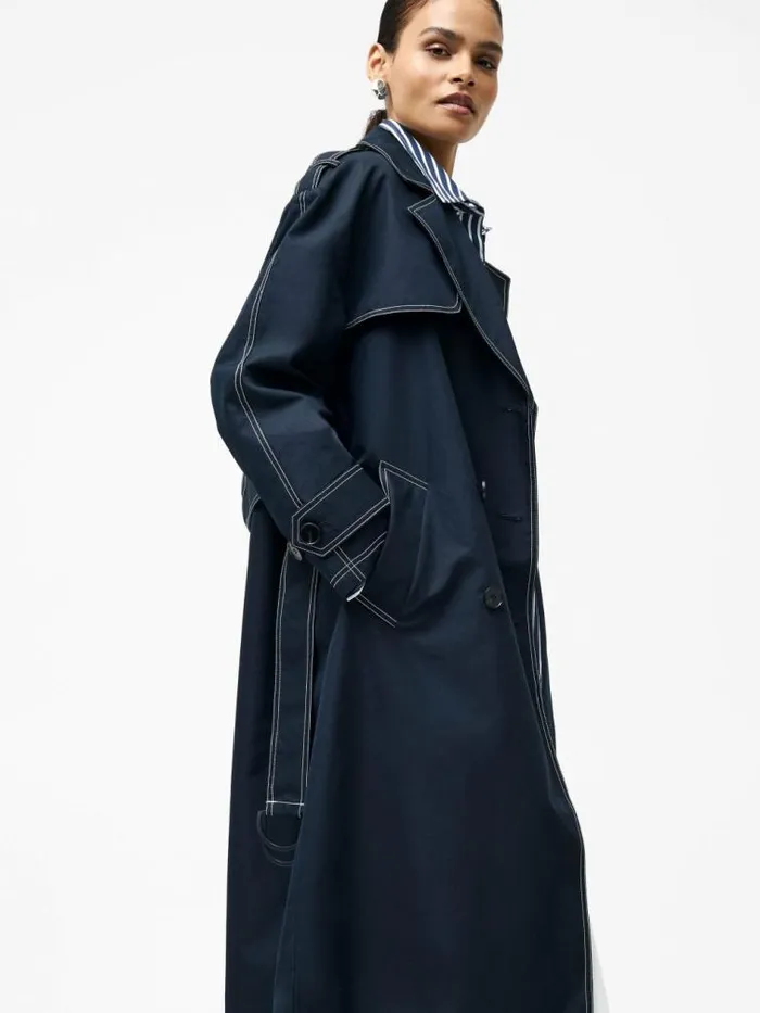 French Connection Afton Contrast Stitch Belted Trench Coat Navy Women Coats and Jackets