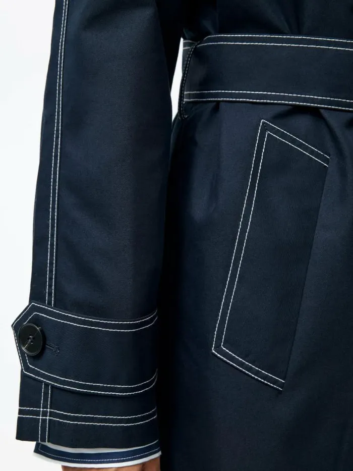 French Connection Afton Contrast Stitch Belted Trench Coat Navy Women Coats and Jackets