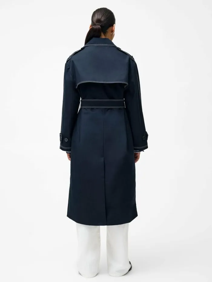 French Connection Afton Contrast Stitch Belted Trench Coat Navy Women Coats and Jackets