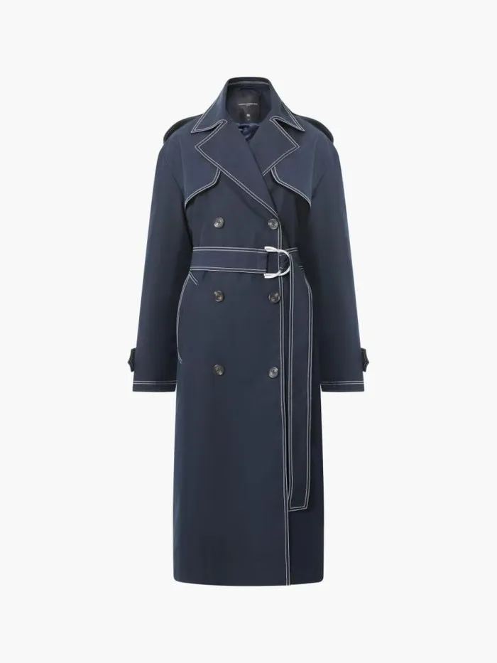 French Connection Afton Contrast Stitch Belted Trench Coat Navy Women Coats and Jackets