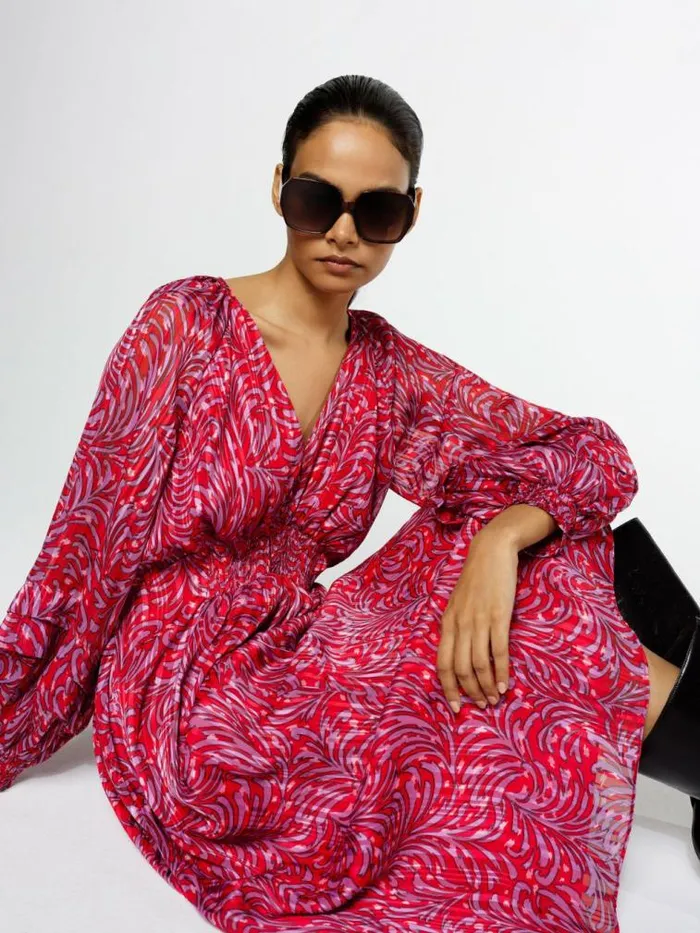 French Connection Amy Callista Printed Long Sleeve Midi Dress Scarlet Red Multi Women Dresses