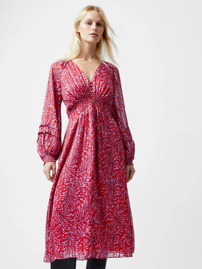 French Connection Amy Callista Printed Long Sleeve Midi Dress Scarlet Red Multi Women Dresses