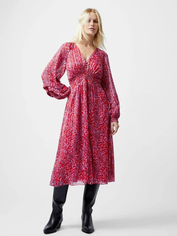 French Connection Amy Callista Printed Long Sleeve Midi Dress Scarlet Red Multi Women Dresses