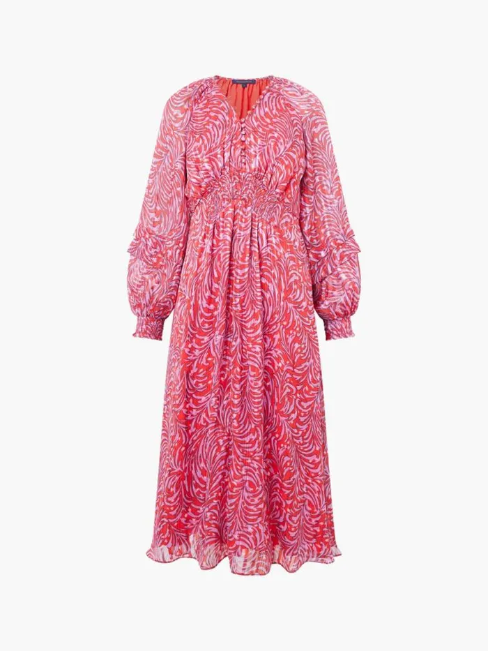 French Connection Amy Callista Printed Long Sleeve Midi Dress Scarlet Red Multi Women Dresses