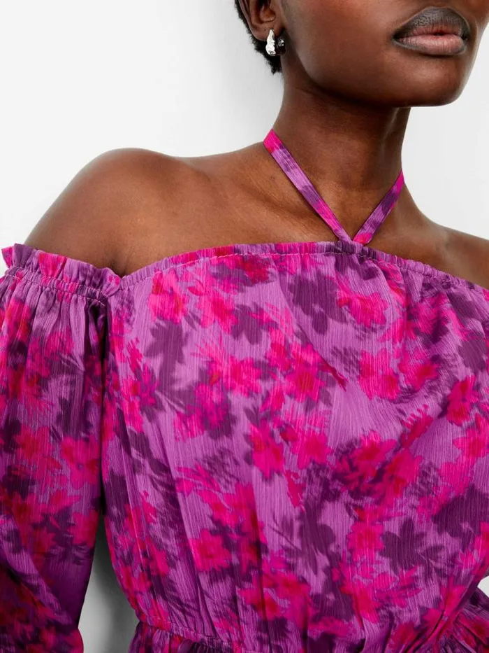 French Connection Arla Hallie Crinkle Halterneck Blouse Meadow Mauve Women Tops
