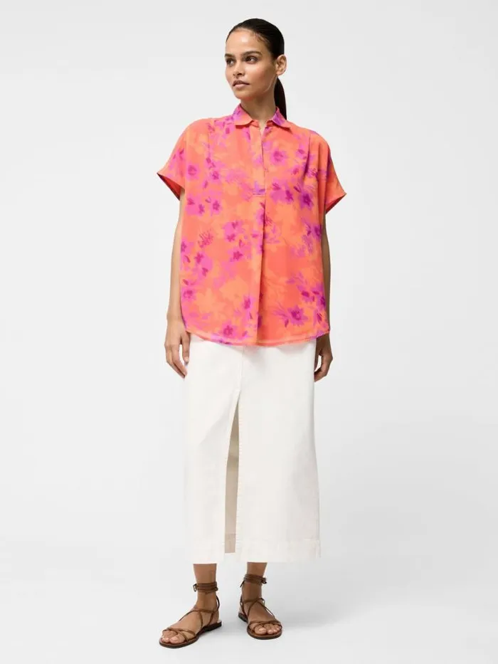 French Connection Arla Short Sleeve Popover Shirt Coral Multi Women Tops
