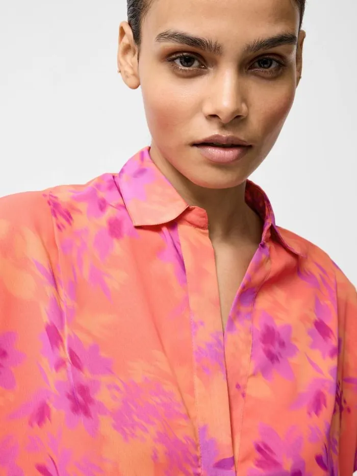 French Connection Arla Short Sleeve Popover Shirt Coral Multi Women Tops