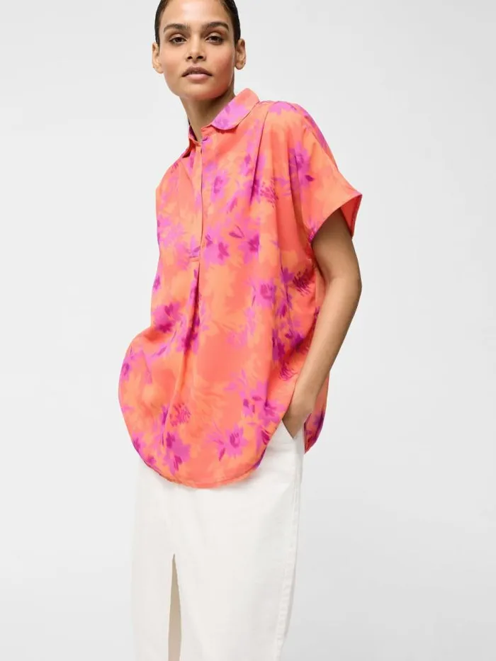 French Connection Arla Short Sleeve Popover Shirt Coral Multi Women Tops