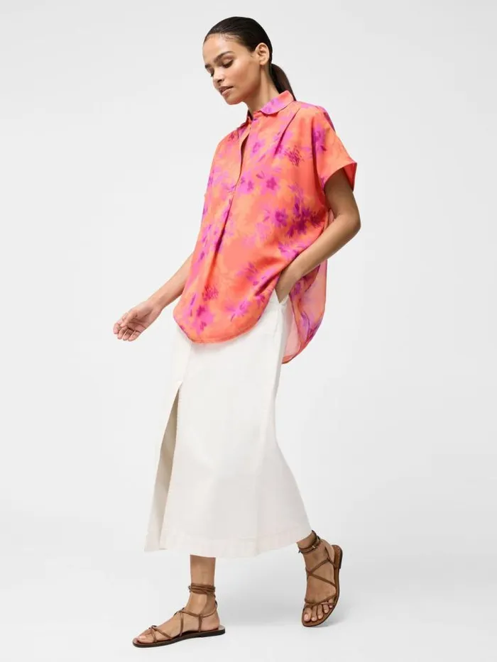 French Connection Arla Short Sleeve Popover Shirt Coral Multi Women Tops
