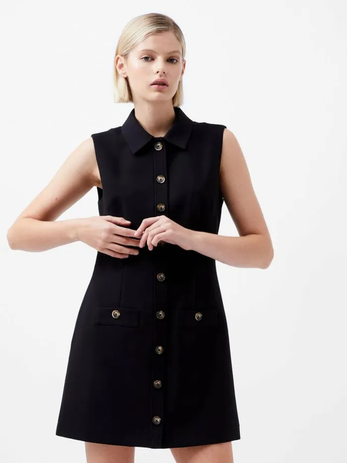 French Connection Azra Twill Sleeveless Button Mini Dress Black Women Dresses French Connection Azra Twill Sleeveless Button Mini Dress Black Women Dresses