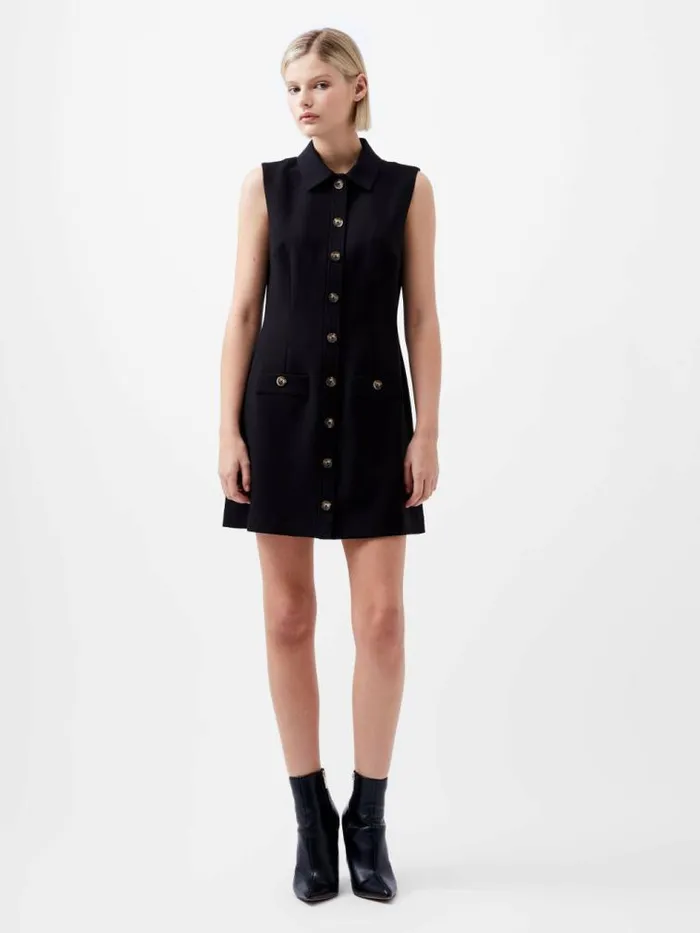 French Connection Azra Twill Sleeveless Button Mini Dress Black Women Dresses