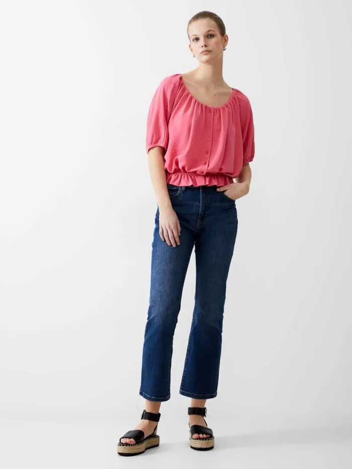 French Connection Button Crinkle Peasant Top Camellia Women Tops