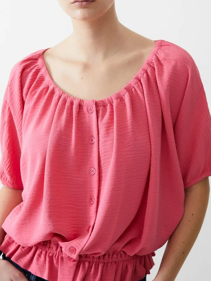 French Connection Button Crinkle Peasant Top Camellia Women Tops