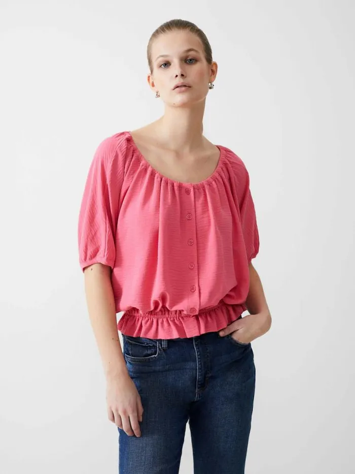 French Connection Button Crinkle Peasant Top Camellia Women Tops
