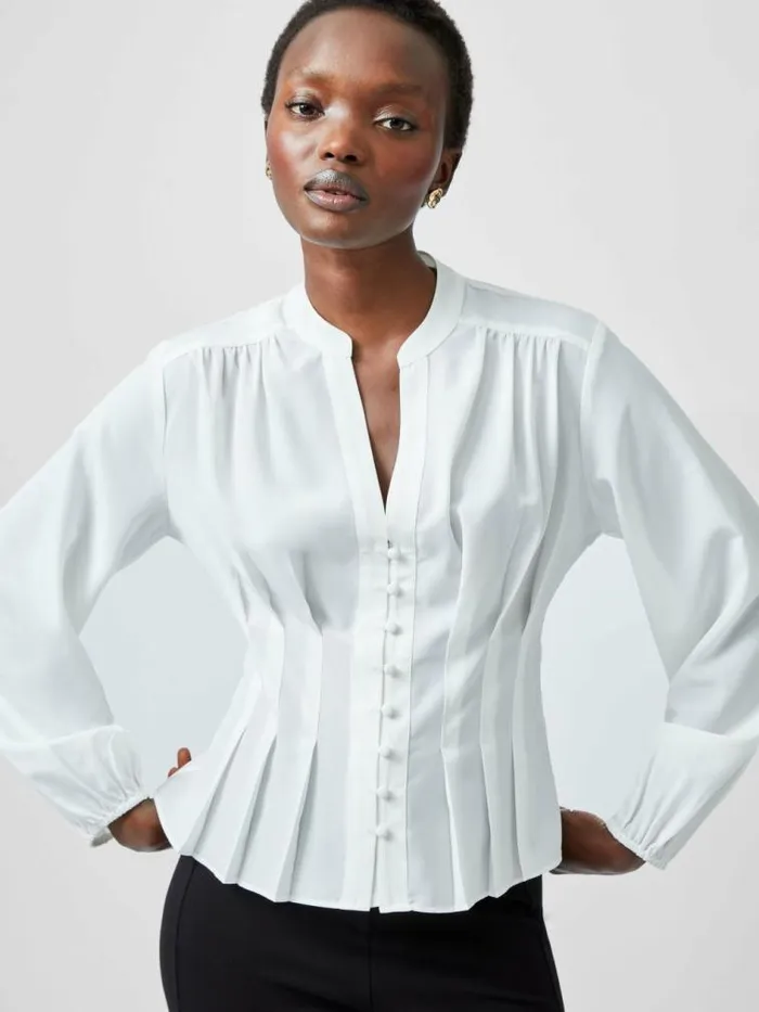 French Connection Capriana Crepe Pleat Button Down Top Summer White Women Tops