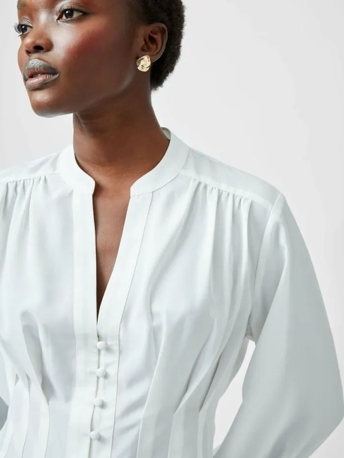 French Connection Capriana Crepe Pleat Button Down Top Summer White Women Tops