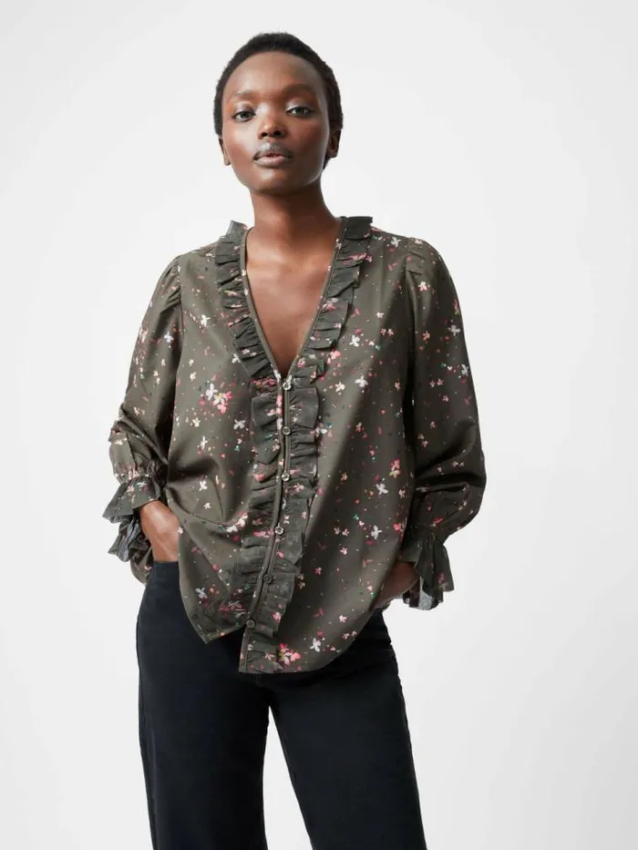 French Connection Carina Recycled Abeny Crepe Ruffle Top Olive Night Multi Women Tops French Connection Carina Recycled Abeny Crepe Ruffle Top Olive Night Multi Women Tops