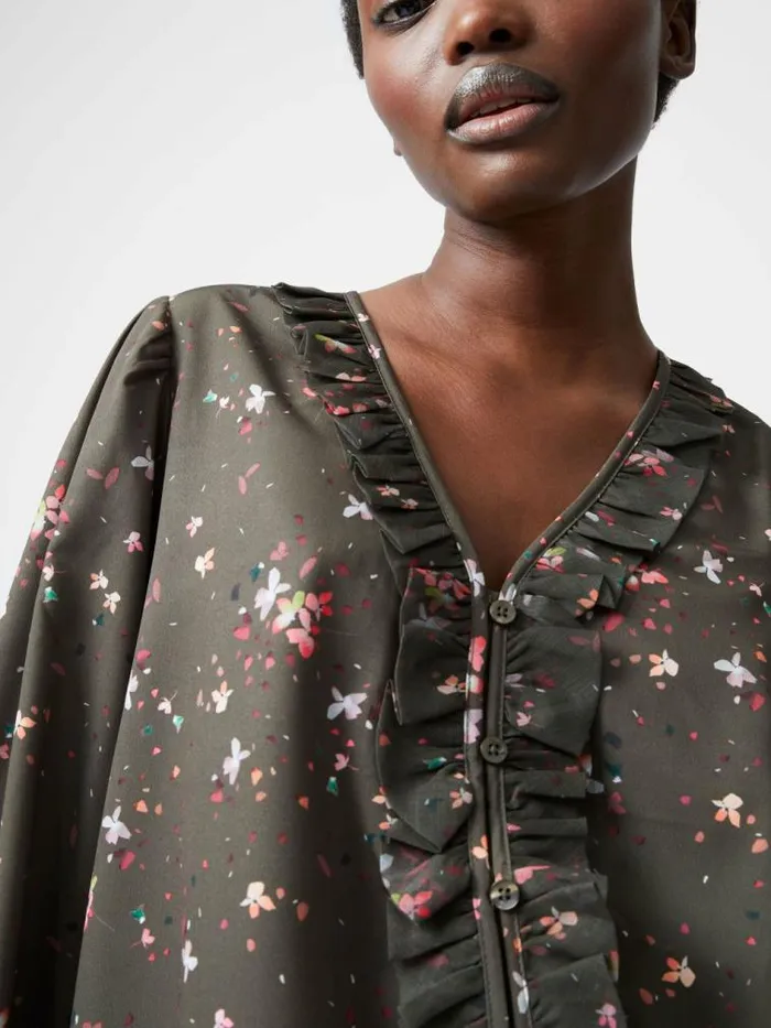 French Connection Carina Recycled Abeny Crepe Ruffle Top Olive Night Multi Women Tops