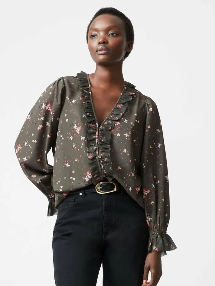 French Connection Carina Recycled Abeny Crepe Ruffle Top Olive Night Multi Women Tops