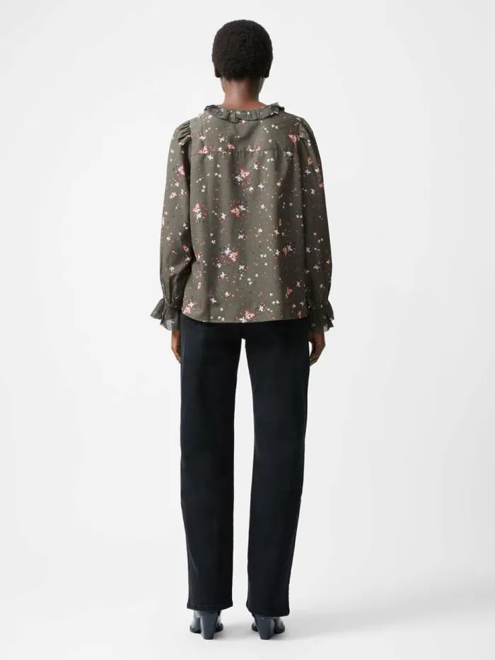 French Connection Carina Recycled Abeny Crepe Ruffle Top Olive Night Multi Women Tops