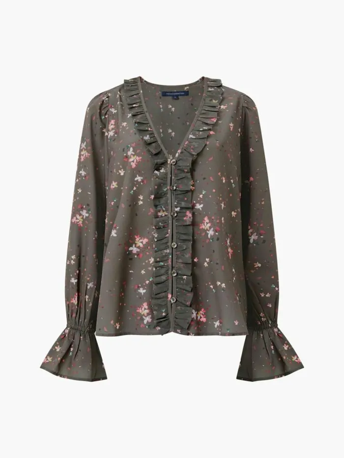 French Connection Carina Recycled Abeny Crepe Ruffle Top Olive Night Multi Women Tops