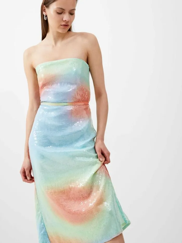 French Connection Carwen Anisha Sequin Bandeau Dress Blue Mist Women Dresses