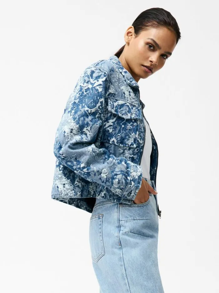 French Connection Charlotte Denim Jacquard Jacket Light Wash Women Coats and Jackets French Connection Charlotte Denim Jacquard Jacket Light Wash Women Coats and Jackets