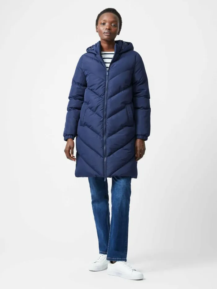 French Connection Chevron Hooded Puffer Coat Midnight Women Coats and Jackets