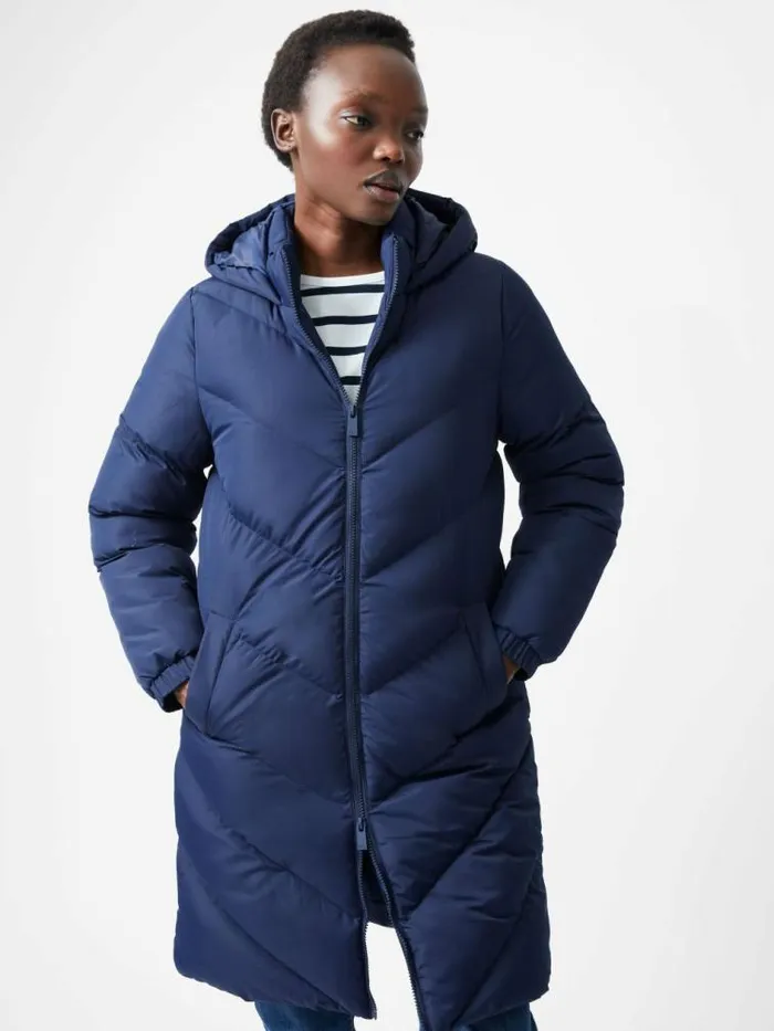 French Connection Chevron Hooded Puffer Coat Midnight Women Coats and Jackets