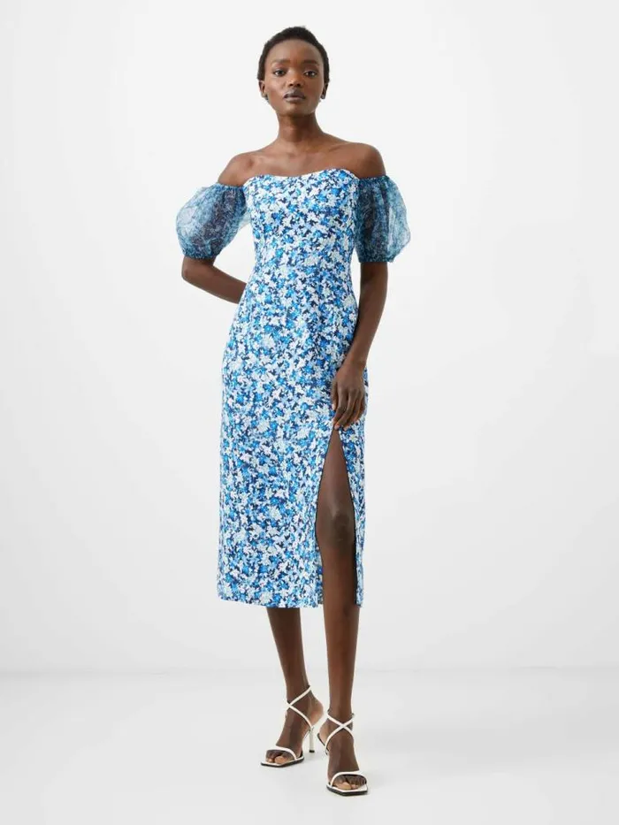French Connection Clara Textured Puff Sleeve Midi Dress Midnight Blue Multi Women Dresses French Connection Clara Textured Puff Sleeve Midi Dress Midnight Blue Multi Women Dresses