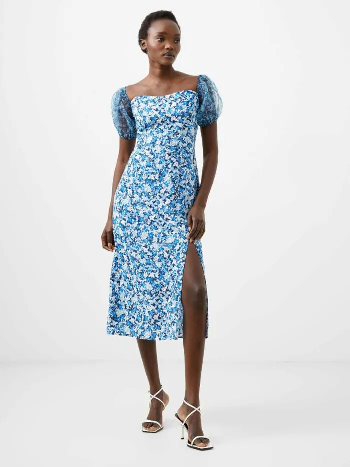 French Connection Clara Textured Puff Sleeve Midi Dress Midnight Blue Multi Women Dresses
