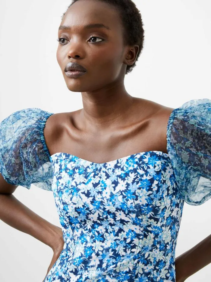 French Connection Clara Textured Puff Sleeve Midi Dress Midnight Blue Multi Women Dresses