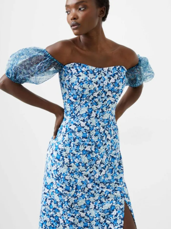 French Connection Clara Textured Puff Sleeve Midi Dress Midnight Blue Multi Women Dresses