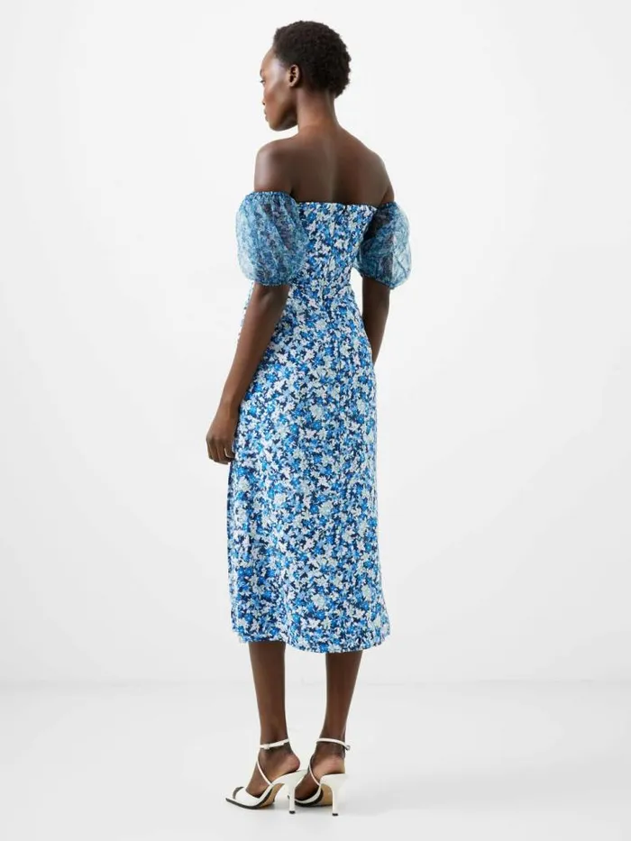 French Connection Clara Textured Puff Sleeve Midi Dress Midnight Blue Multi Women Dresses