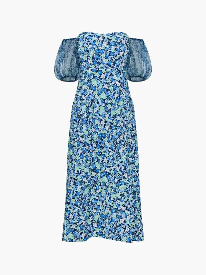 French Connection Clara Textured Puff Sleeve Midi Dress Midnight Blue Multi Women Dresses