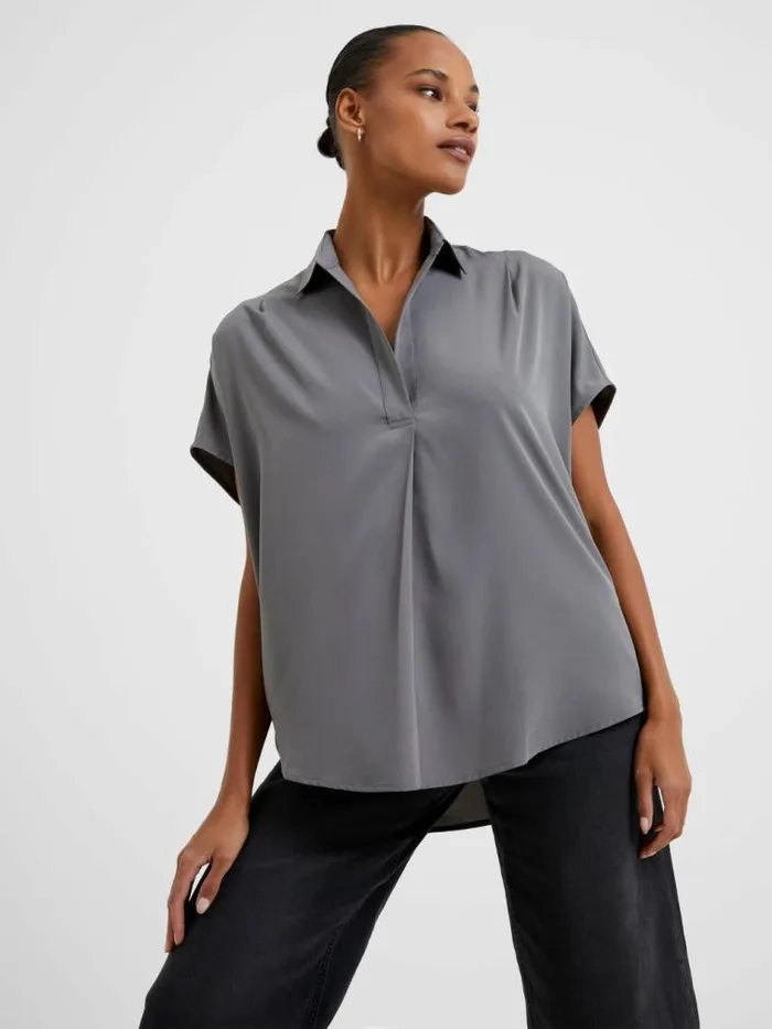 French Connection Crepe Light Recycled Popover Shirt Warm Graphite Women Tops French Connection Crepe Light Recycled Popover Shirt Warm Graphite Women Tops