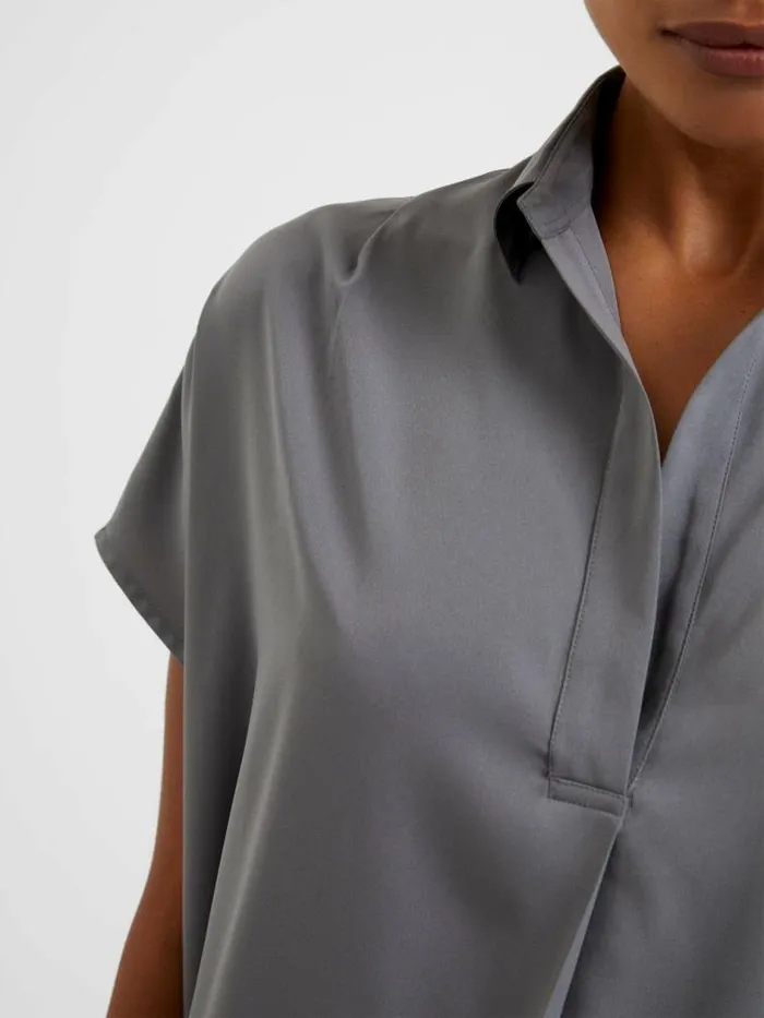 French Connection Crepe Light Recycled Popover Shirt Warm Graphite Women Tops
