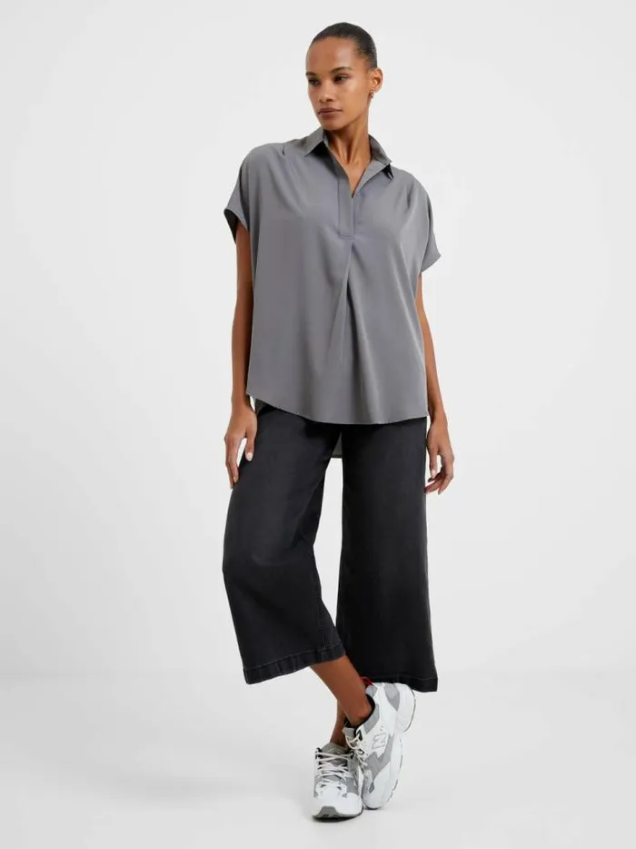 French Connection Crepe Light Recycled Popover Shirt Warm Graphite Women Tops