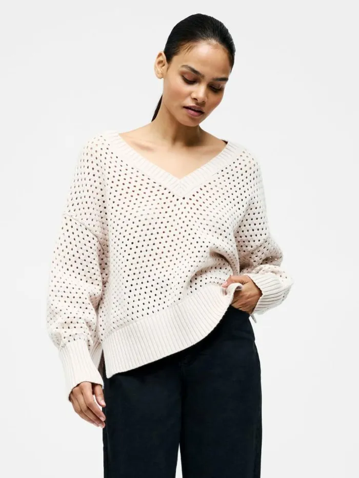 French Connection Crochet Knit V Neck Sweater Oatmeal Women Jumpers and Cardigans