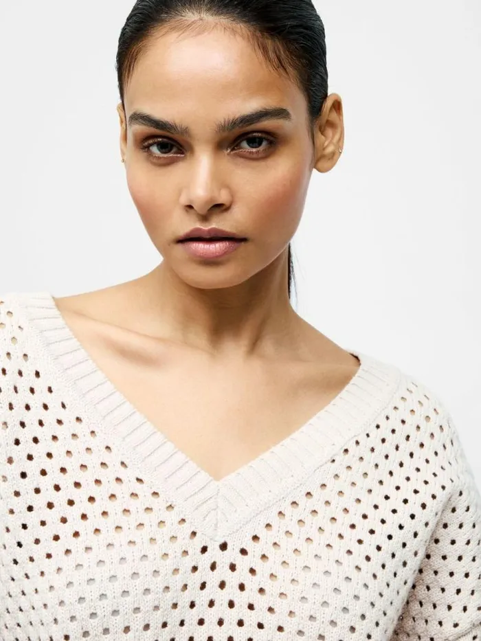 French Connection Crochet Knit V Neck Sweater Oatmeal Women Jumpers and Cardigans