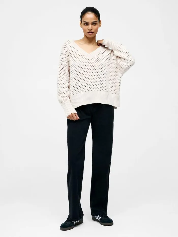 French Connection Crochet Knit V Neck Sweater Oatmeal Women Jumpers and Cardigans
