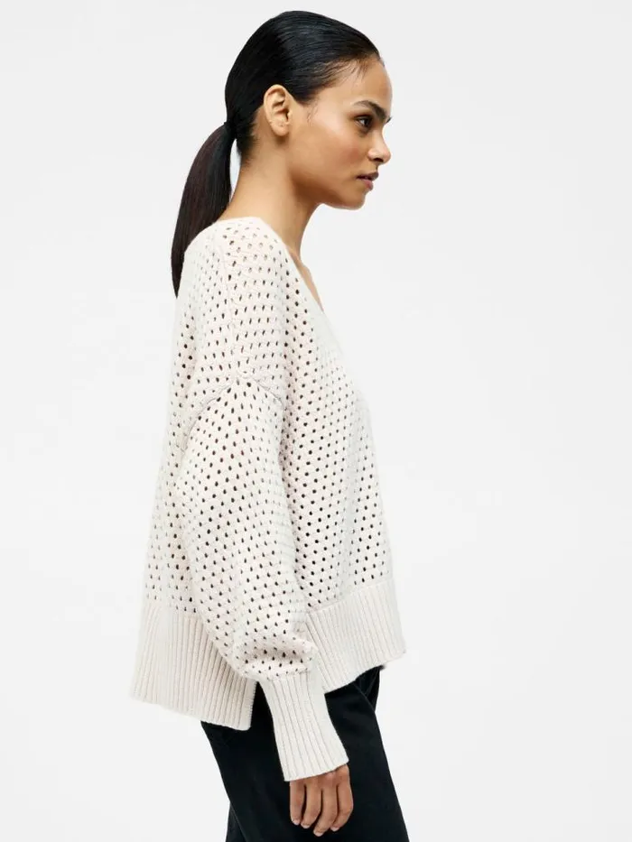 French Connection Crochet Knit V Neck Sweater Oatmeal Women Jumpers and Cardigans