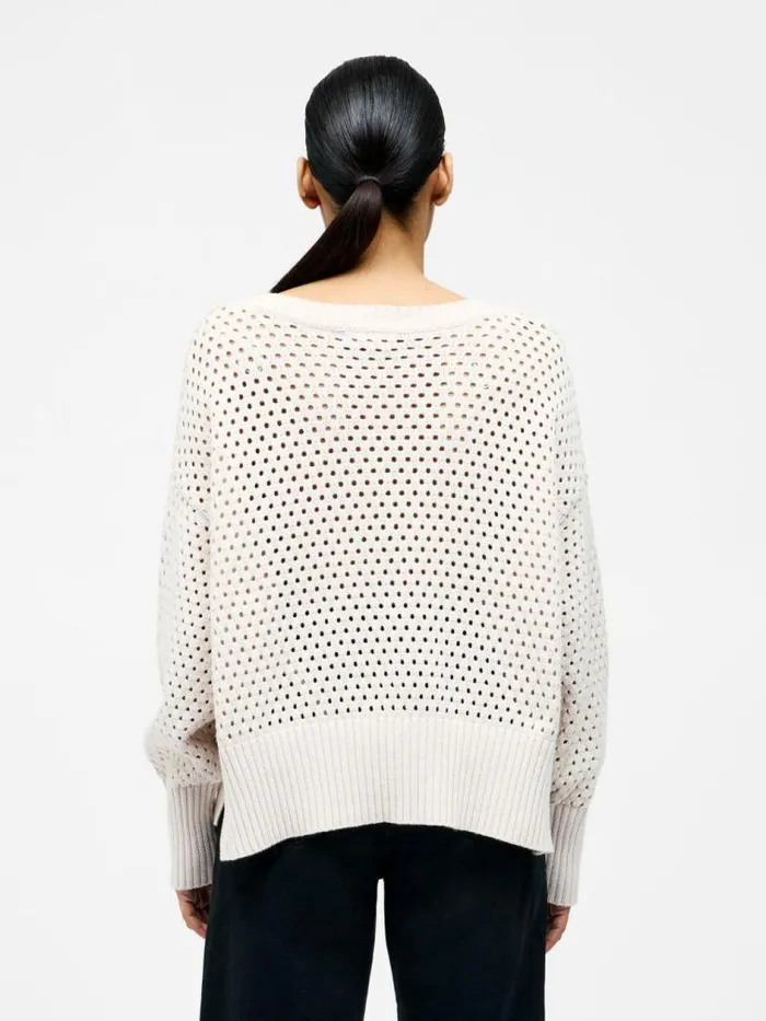 French Connection Crochet Knit V Neck Sweater Oatmeal Women Jumpers and Cardigans