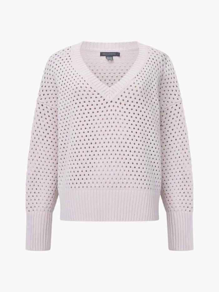 French Connection Crochet Knit V Neck Sweater Oatmeal Women Jumpers and Cardigans