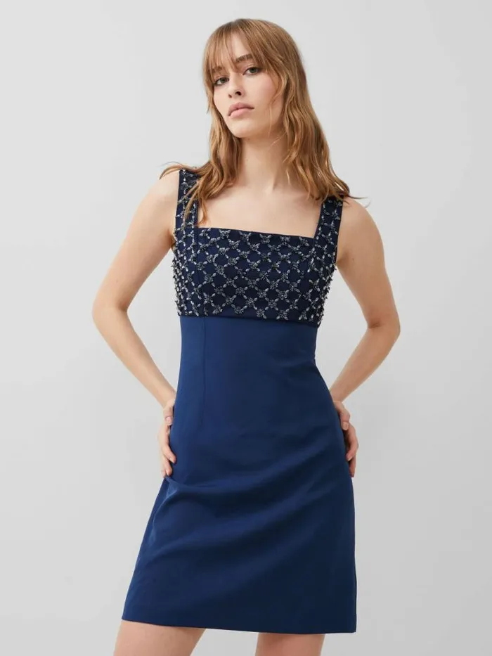 French Connection Embroidered Darcy Crepe Mini Dress Midnight Blue Women Dresses French Connection Embroidered Darcy Crepe Mini Dress Midnight Blue Women Dresses